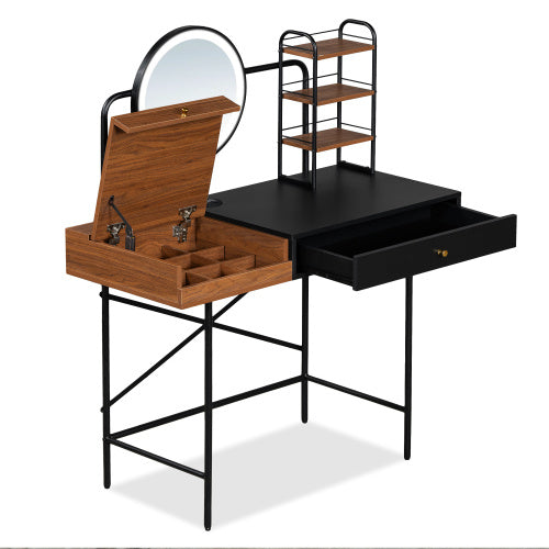 Makeup Desk  3-Mode Lighted Mirror Wireless Charging Station , Vanity Table With Drawer 3 Open Shelves For Ample Storage Space