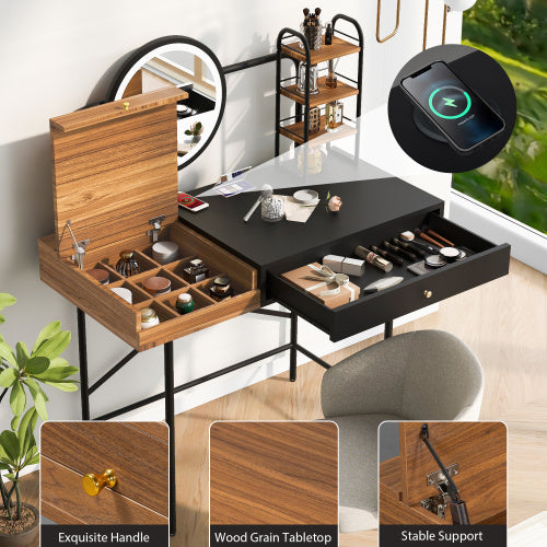 Makeup Desk  3-Mode Lighted Mirror Wireless Charging Station , Vanity Table With Drawer 3 Open Shelves For Ample Storage Space