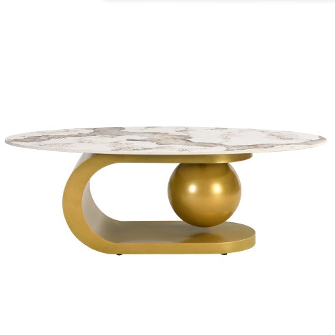 Oval Coffee Table For Living Room, Marble Pattern Tabletop With Gold Stainless Steel Base In 47.2