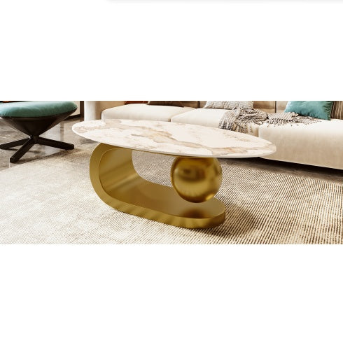 Oval Coffee Table For Living Room, Marble Pattern Tabletop With Gold Stainless Steel Base In 47.2