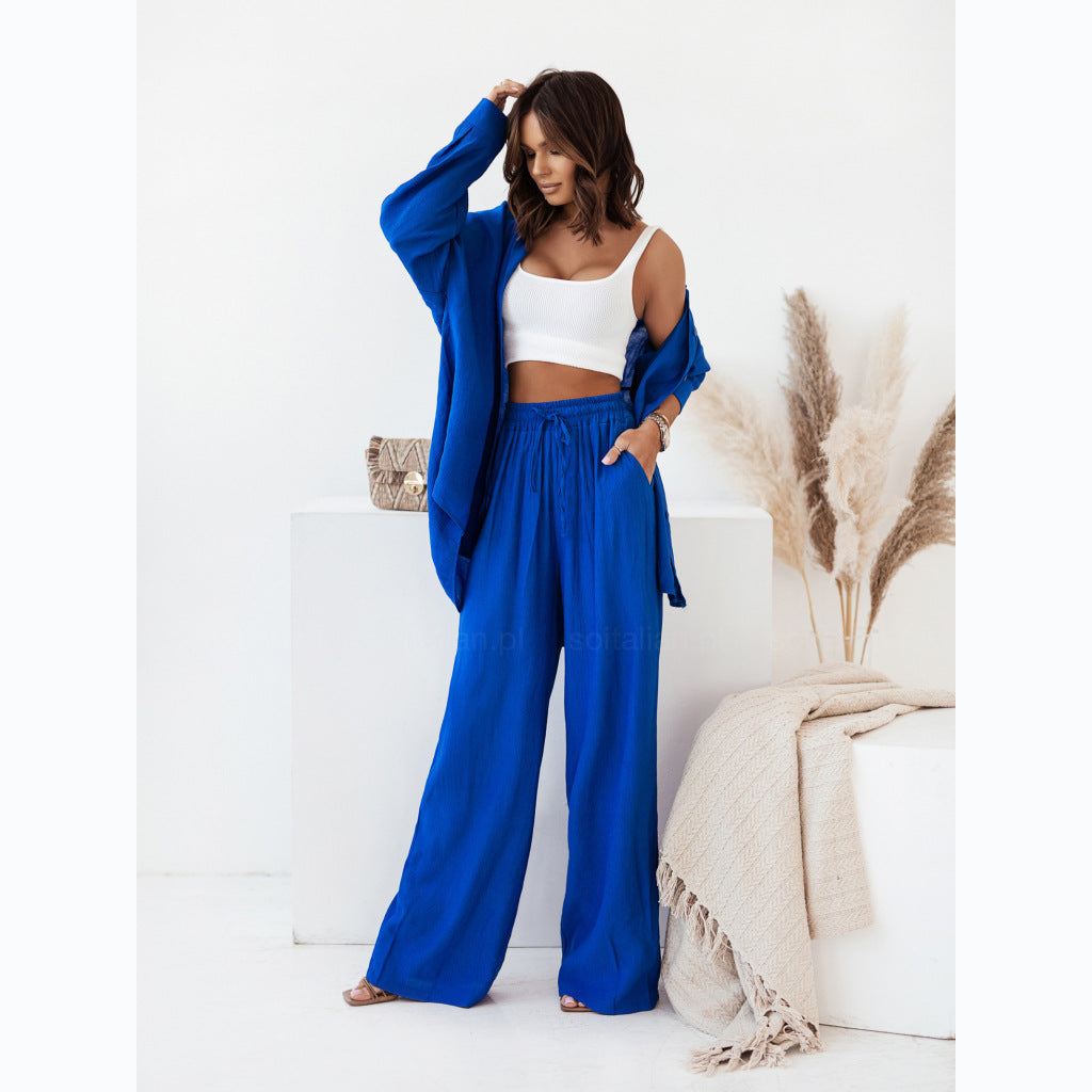 Women's 2 Piece Outfits 2025 Spring Casual Long Sleeve Strappy Crop Top Wide Leg Palazzo Pant Sets