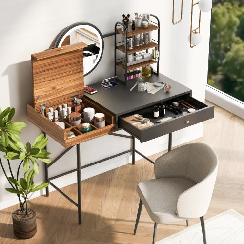 Makeup Desk  3-Mode Lighted Mirror Wireless Charging Station , Vanity Table With Drawer 3 Open Shelves For Ample Storage Space