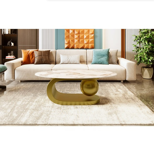 Oval Coffee Table For Living Room, Marble Pattern Tabletop With Gold Stainless Steel Base In 47.2