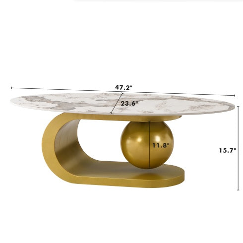 Oval Coffee Table For Living Room, Marble Pattern Tabletop With Gold Stainless Steel Base In 47.2