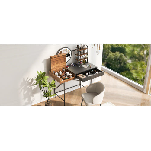 Makeup Desk  3-Mode Lighted Mirror Wireless Charging Station , Vanity Table With Drawer 3 Open Shelves For Ample Storage Space