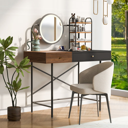 Makeup Desk  3-Mode Lighted Mirror Wireless Charging Station , Vanity Table With Drawer 3 Open Shelves For Ample Storage Space