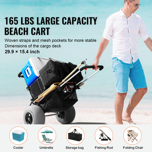 Beach Dolly With Big Wheels For Sand, 165LBS Load Capacity Folding Sand Cart  Adjustable Height, Heavy Duty Cart For Beach