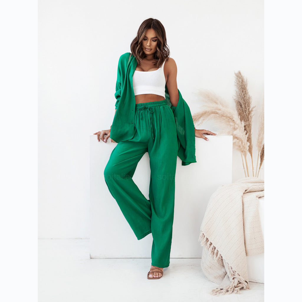 Women's 2 Piece Outfits 2025 Spring Casual Long Sleeve Strappy Crop Top Wide Leg Palazzo Pant Sets