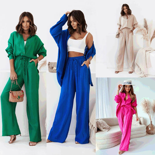Women's 2 Piece Outfits 2025 Spring Casual Long Sleeve Strappy Crop Top Wide Leg Palazzo Pant Sets