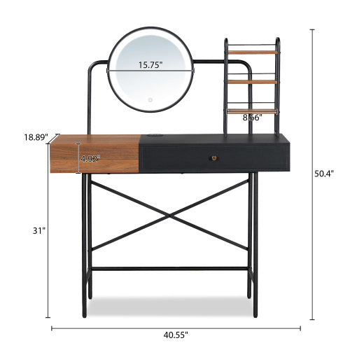 Makeup Desk  3-Mode Lighted Mirror Wireless Charging Station , Vanity Table With Drawer 3 Open Shelves For Ample Storage Space