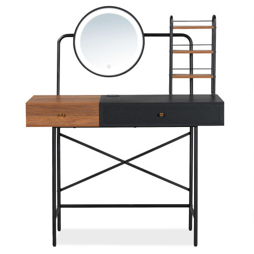 Makeup Desk  3-Mode Lighted Mirror Wireless Charging Station , Vanity Table With Drawer 3 Open Shelves For Ample Storage Space