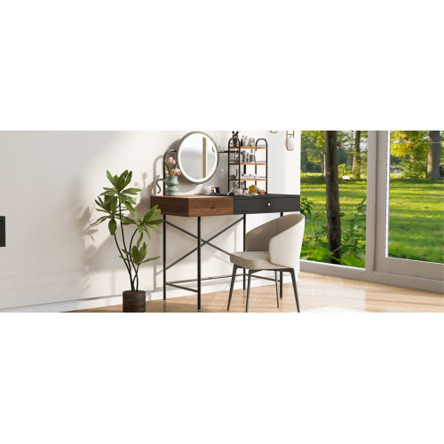 Makeup Desk  3-Mode Lighted Mirror Wireless Charging Station , Vanity Table With Drawer 3 Open Shelves For Ample Storage Space