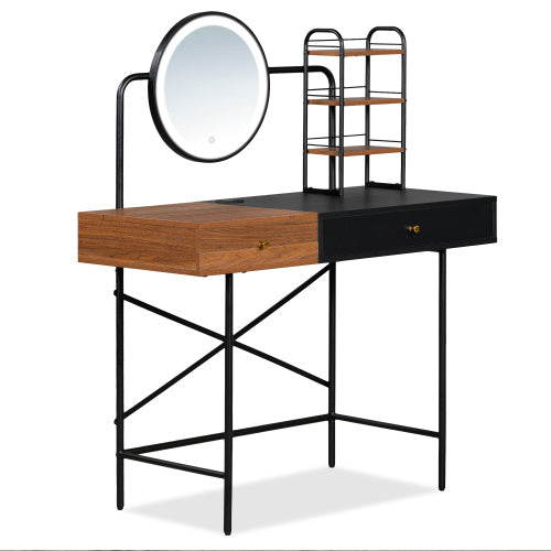 Makeup Desk  3-Mode Lighted Mirror Wireless Charging Station , Vanity Table With Drawer 3 Open Shelves For Ample Storage Space