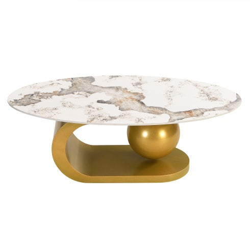Oval Coffee Table For Living Room, Marble Pattern Tabletop With Gold Stainless Steel Base In 47.2