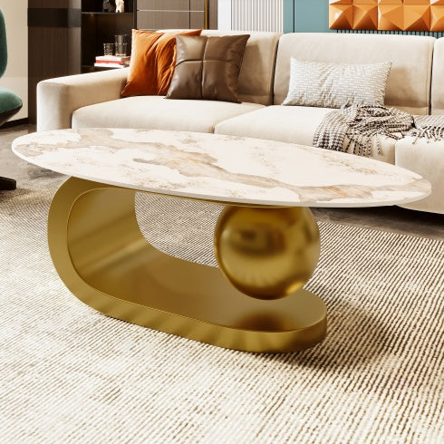 Oval Coffee Table For Living Room, Marble Pattern Tabletop With Gold Stainless Steel Base In 47.2