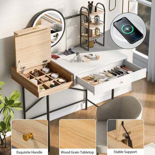 Makeup Vanity Table With 3-Mode Lighted Mirror & Wireless Charging Station