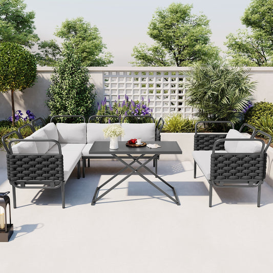 Modern Patio Sectional Sofa Set Outdoor 5 piece Woven Rope Furniture Set With Glass Table