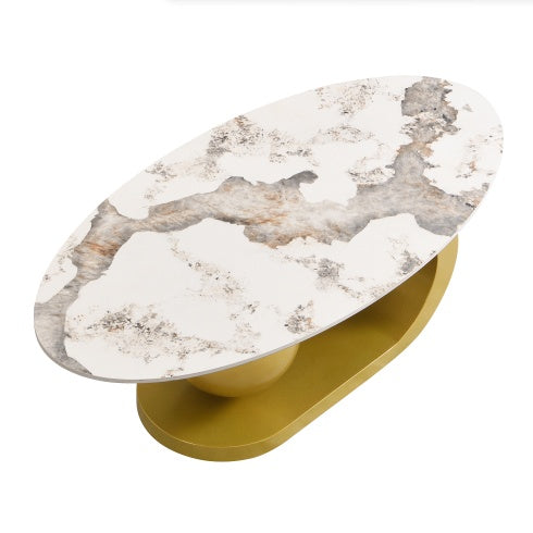 Oval Coffee Table For Living Room, Marble Pattern Tabletop With Gold Stainless Steel Base In 47.2