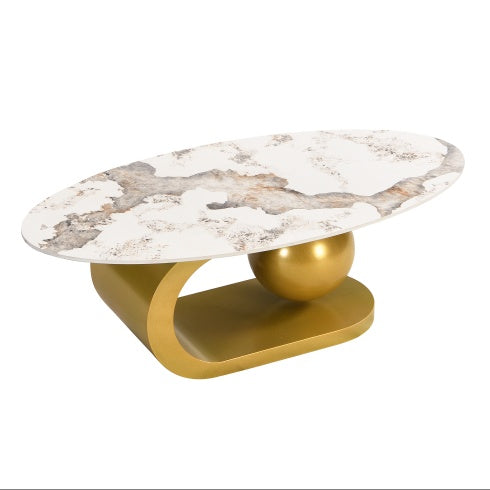 Oval Coffee Table For Living Room, Marble Pattern Tabletop With Gold Stainless Steel Base In 47.2